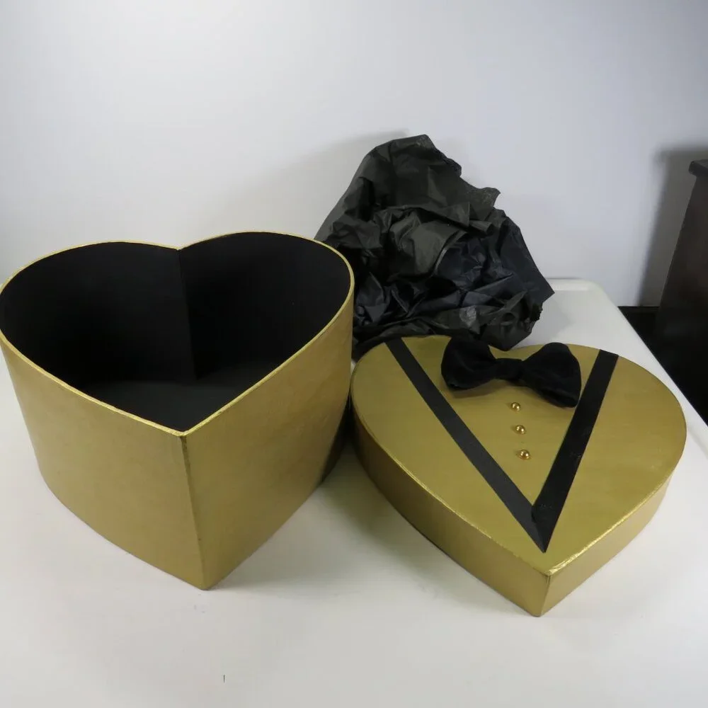 Gold Tux Heart Gift Box w velvet bow tie & pearl dots 9.5